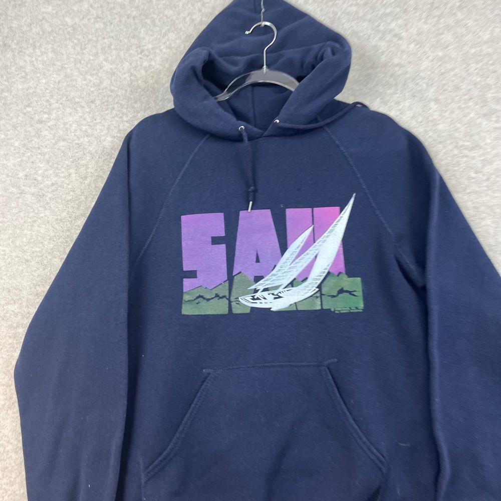 Vintage Sail Boat Hoodie Sailing Preppy Americana Navy Blue Mens 90s Raglan Cut
